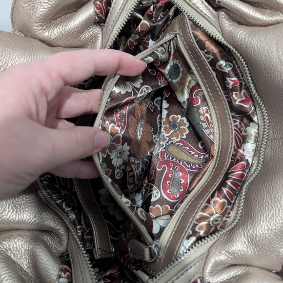 Tignanelle Metallic Gold Pebble Leather Double Handle with Zipper Shoulder Bag - Picture 12 of 13